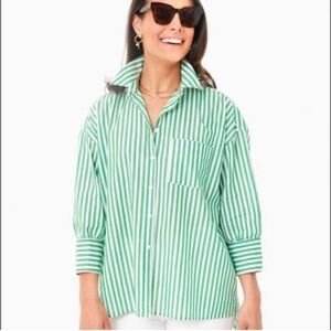 Pomander Place Green and White Striped Button Down Shirt